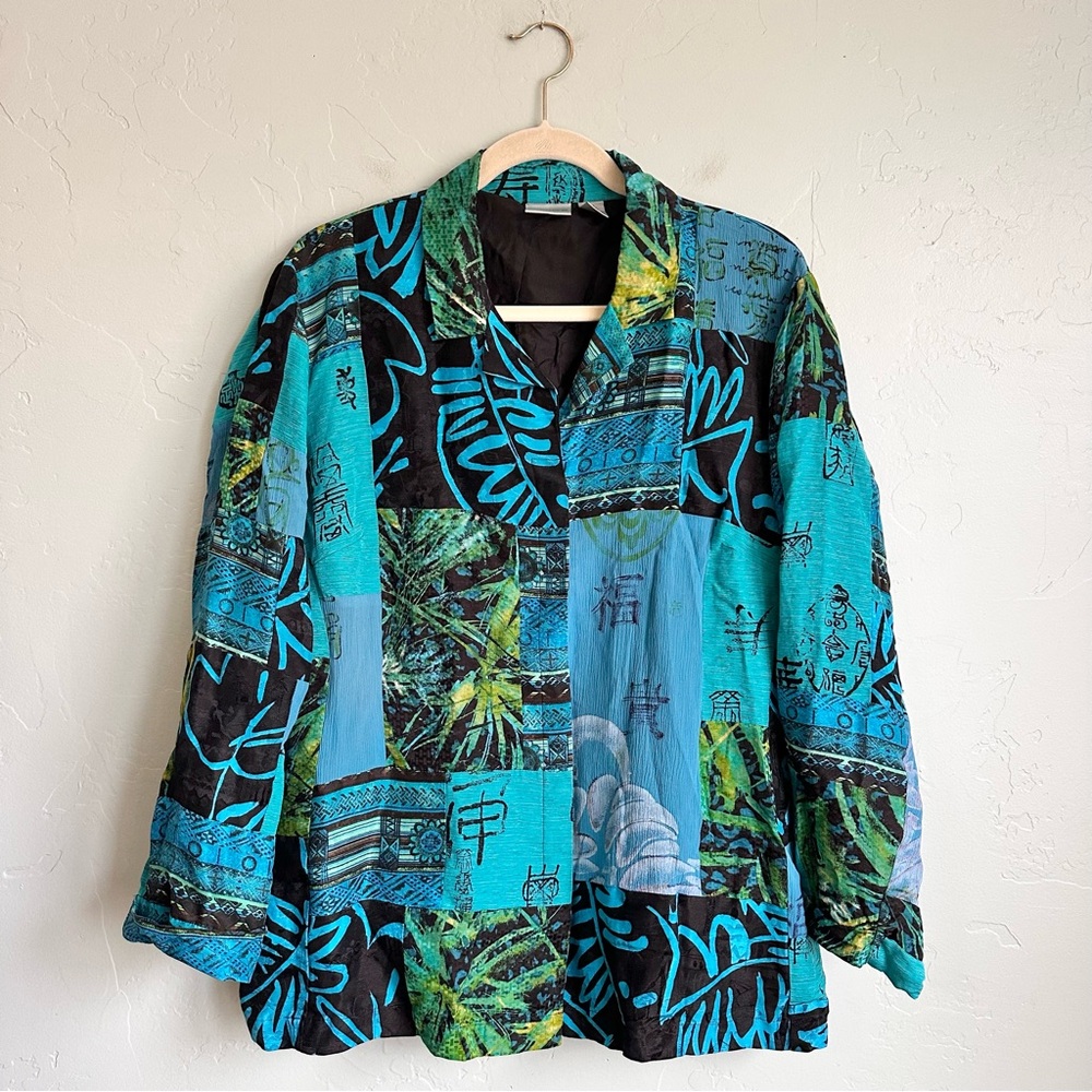 Chico's Vintage Silk Linen Asian Inspired Patchwork Print Button Up Shirt XL‎ 16